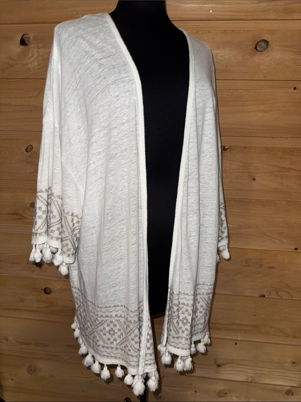 kimono tassels embroidered white / tan Artisan NY boho meditation festival